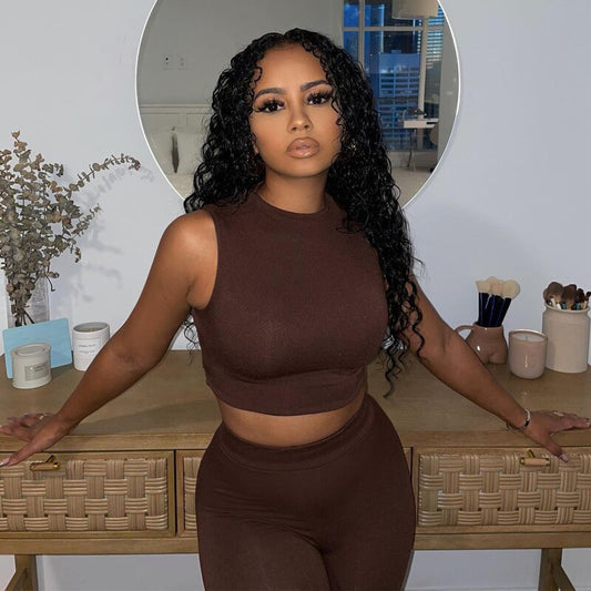 Brown two piece set, sleeveless mock neck fitted leggings