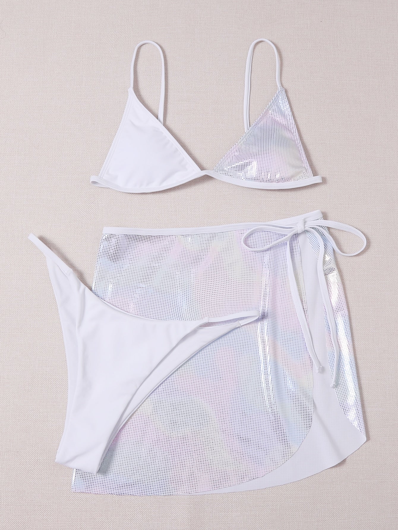 White / Iridescent Pearl   Bikini Set + Tie Up Skirt  Contrast Top + White Bottoms 